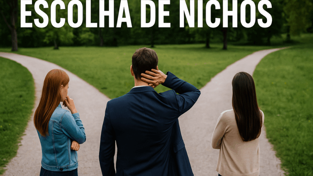 Pessoa em pé diante de vários caminhos ilustrando a escolha de nicho no marketing digital.