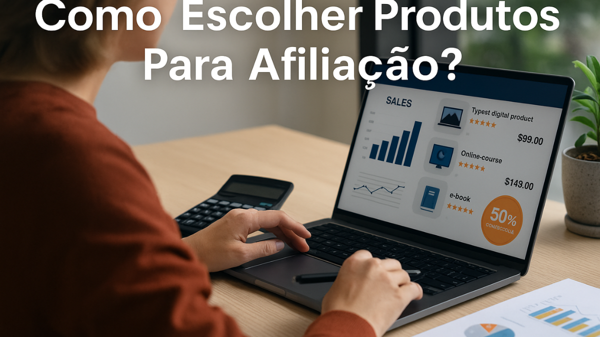 Pessoa analisando plataforma digital com produtos afiliados em destaque, gráfico de vendas e percentual de comissão.