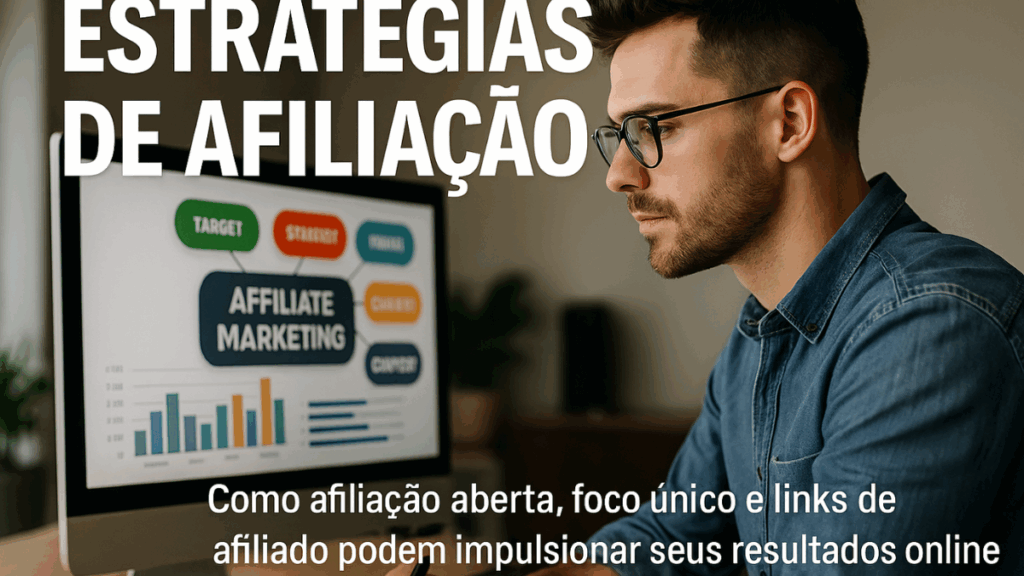 Pessoa escolhendo entre afiliação aberta e fechada em um painel digital com ícones de marketing.