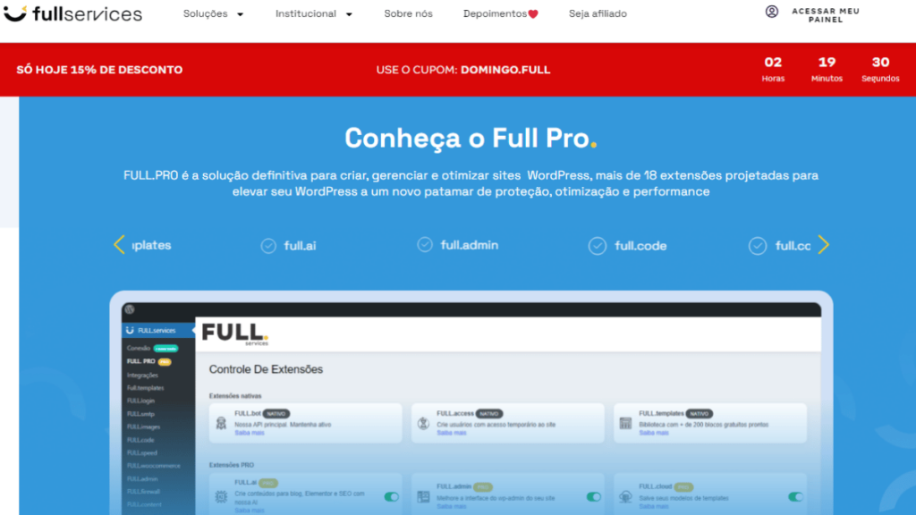 Página promocional do Full Pro, destacando uma solução integrada para criar, gerenciar e otimizar sites WordPress, com 18 extensões projetadas para segurança, desempenho e personalização.