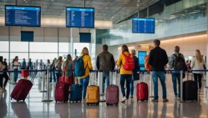 Passageiros em fila de check-in no aeroporto, com malas coloridas ao lado, observando os painéis de voos no terminal movimentado.