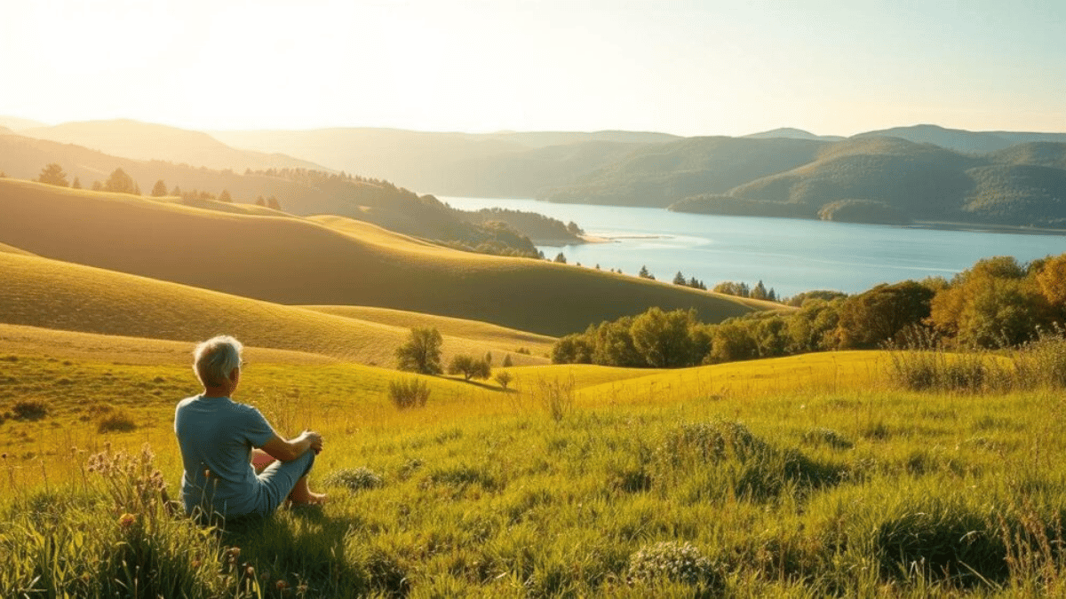 Homem sentado em uma área verde, contemplando a paisagem tranquila ao lado de um lago, com montanhas ao fundo, durante o pôr do sol.