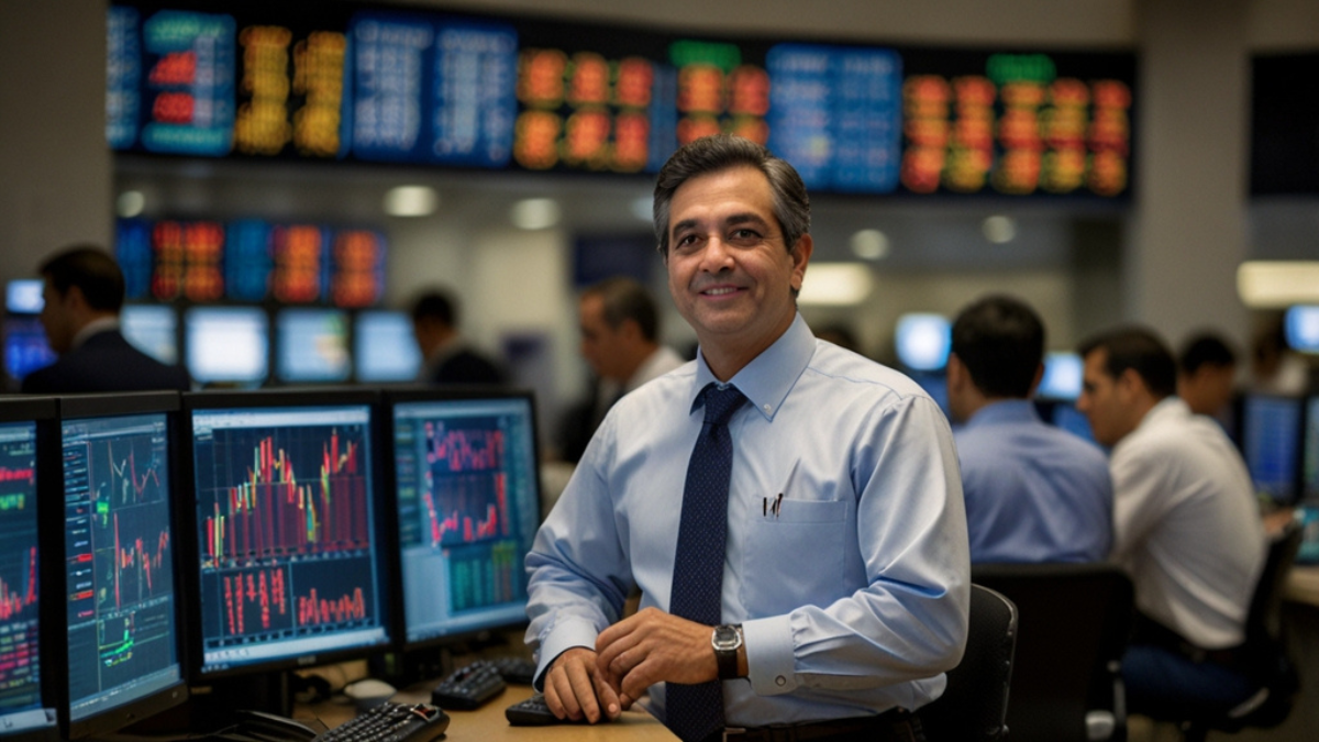 Homem sorrindo em um ambiente de trading, com gráficos financeiros nas telas de computadores, trabalhando em uma sala de operações.