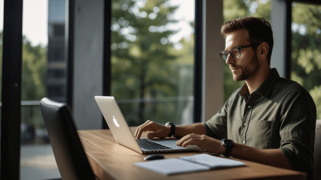  Homem usando óculos e camisa verde, trabalhando em um laptop em um ambiente de escritório moderno, com uma vista externa para áreas verdes. Ele está concentrado em sua tarefa.