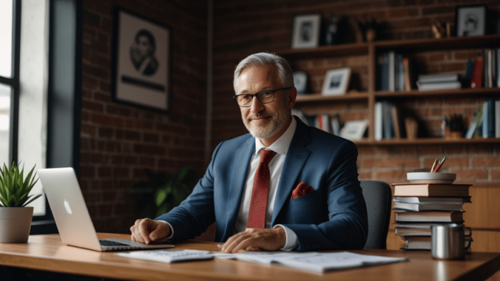 Homem mais velho com cabelo grisalho e barba, usando um terno azul e óculos, sorrindo em um escritório com uma mesa organizada e prateleiras ao fundo.