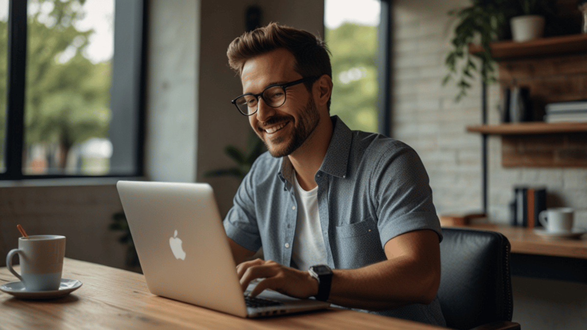 Homem sorridente usando óculos, trabalhando em um laptop em um ambiente de escritório moderno, com uma xícara de café na mesa e janelas que deixam a luz natural entrar.