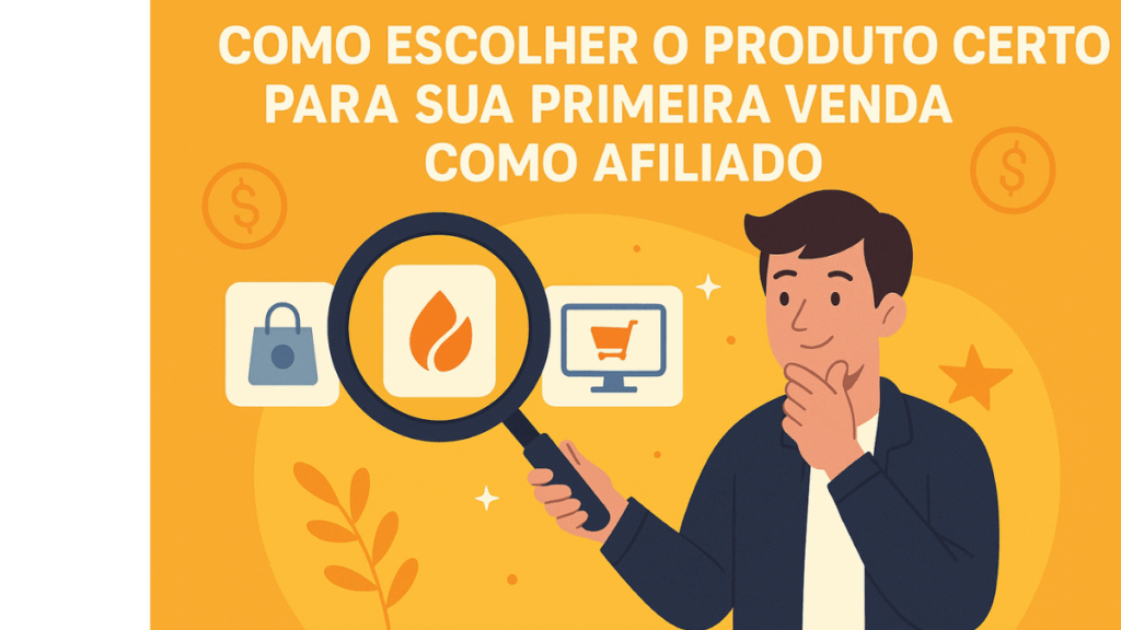 Homem analisando opções de produtos digitais com uma lupa para fazer sua primeira venda como afiliado.