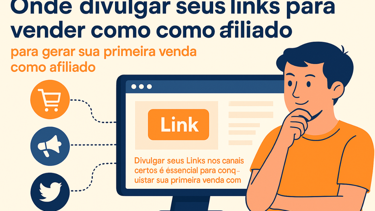 Jovem observando canais como redes sociais, marketing e e-commerce para divulgar links de afiliado e gerar sua primeira comissão.