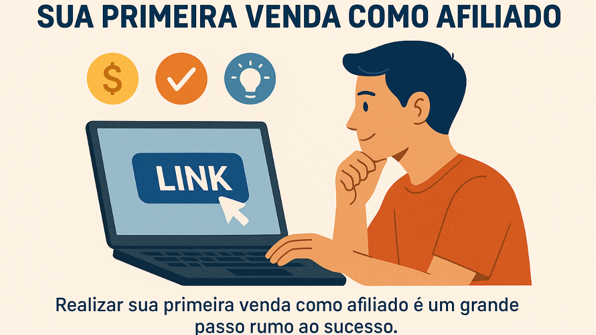 Homem olhando para laptop com botão “LINK”, cercado por ícones de sucesso, simbolizando sua primeira venda como afiliado.