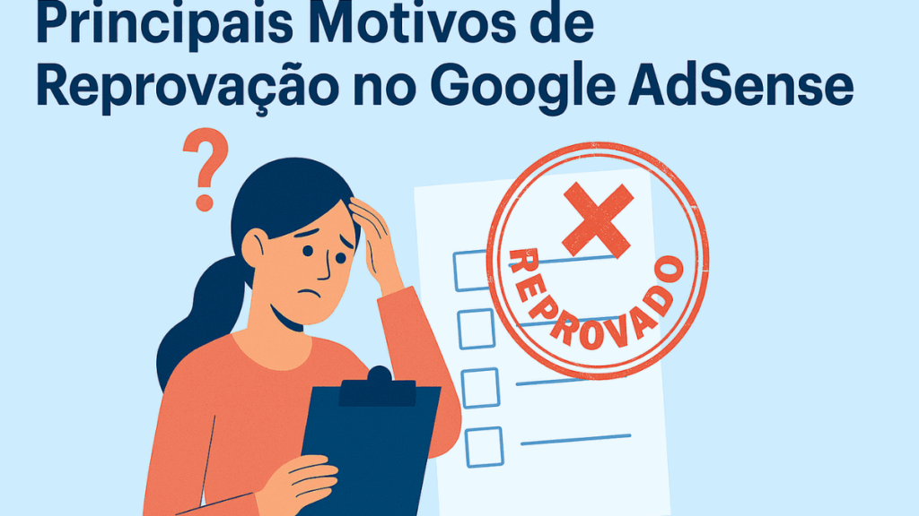 Mulher preocupada com checklist ao lado de um selo vermelho escrito “Reprovado” e título sobre reprovação no Google AdSense