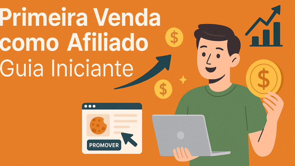 Homem segurando notebook e moeda dourada ao lado de elementos visuais de marketing de afiliados com botão “Promover” e gráfico de crescimento.