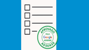 Checklist com selo verde “Aprovado pelo Google AdSense” sobre fundo azul