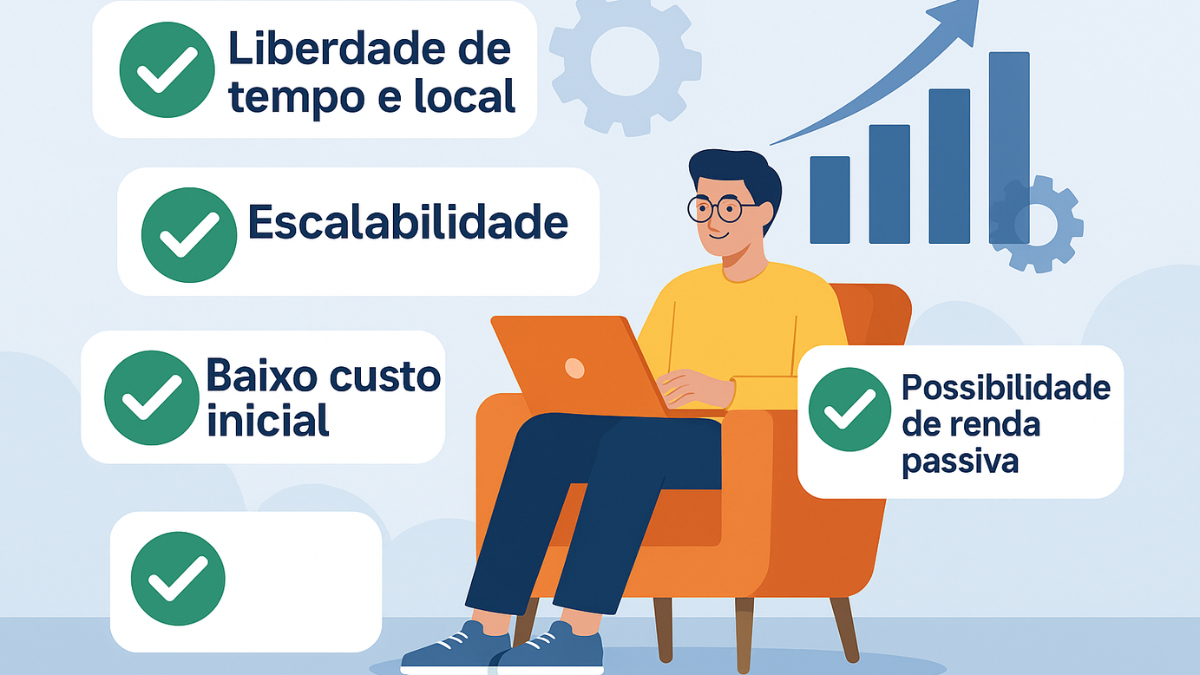 Jovem com notebook ao lado de checklists destacando benefícios como liberdade e escalabilidade