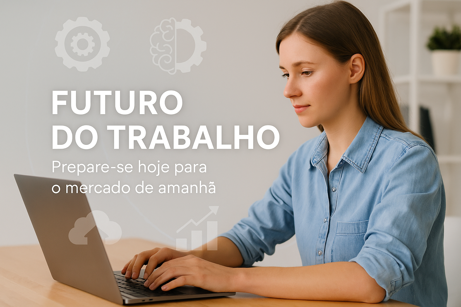 Mulher jovem trabalhando em laptop com ícones de tecnologia, nuvem e gráfico ao fundo e o texto "Futuro do Trabalho – Prepare-se hoje para o mercado de amanhã".