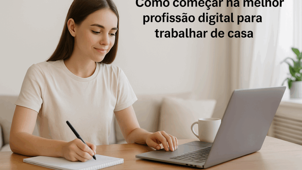 Mulher trabalhando em casa com notebook e caderno, simbolizando o início de uma carreira digital autônoma.