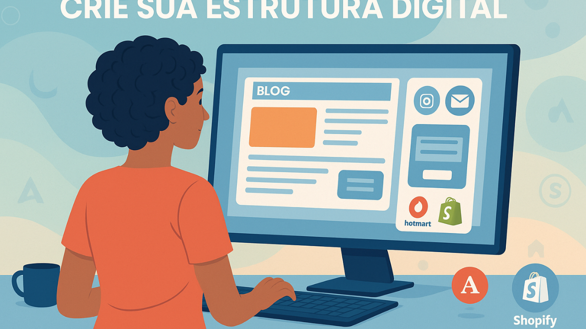 Mulher configurando site e canais digitais em tela de computador com ícones de Hotmart, Shopify e redes sociais