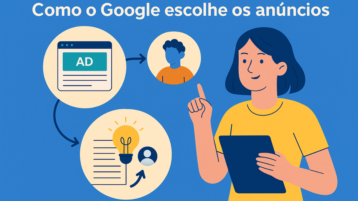 Mulher segurando tablet com ícones representando como o Google escolhe os anúncios com base no conteúdo e no visitante.