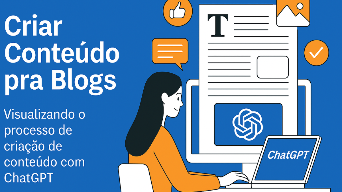 Mulher criando conteúdo em laptop com ChatGPT, cercada por ícones de texto e mídia, representando o processo de criação de blogs.