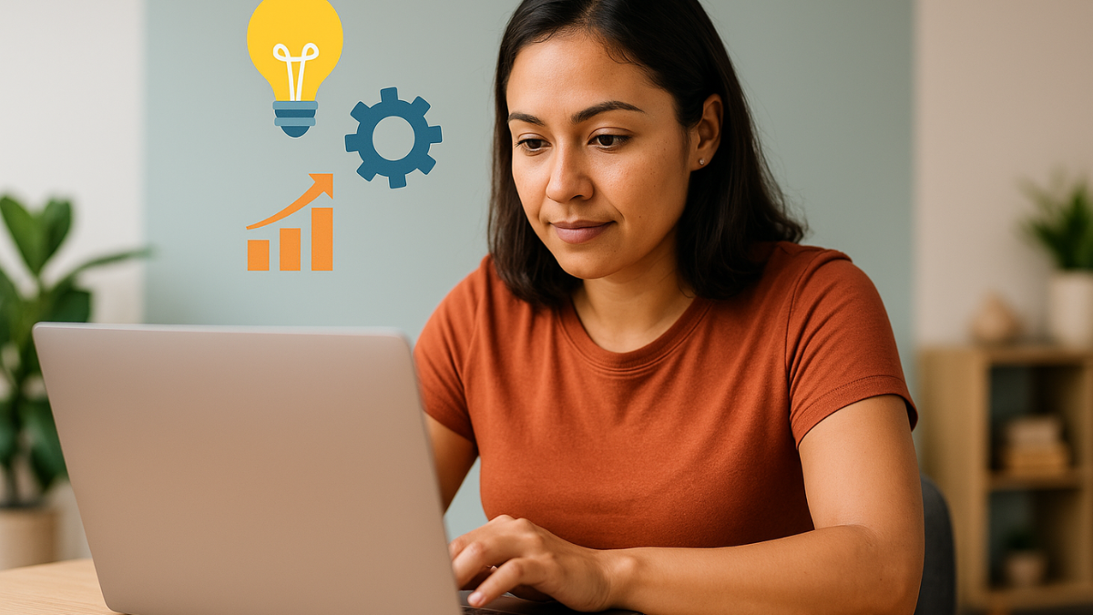Mulher jovem com camiseta laranja usando laptop em casa com ícones flutuantes de ideias, progresso e engrenagem ao fundo.