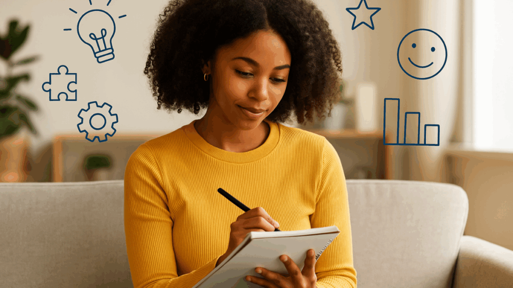Mulher negra com cabelo cacheado, sentada em sofá cinza claro, escrevendo em um caderno com ícones criativos ao fundo representando ideias e progresso.