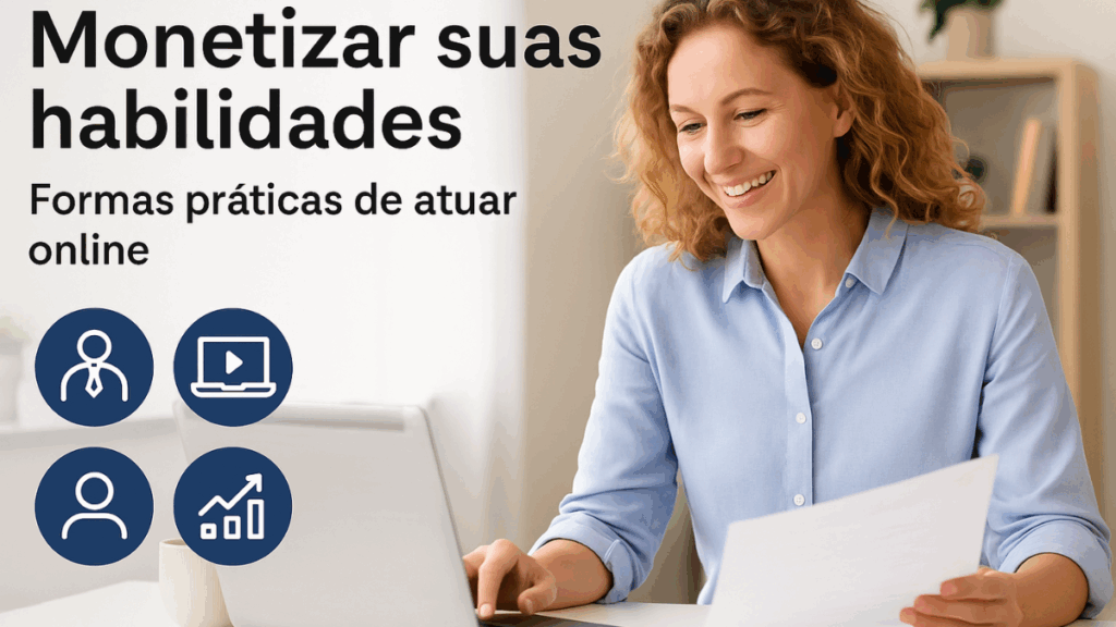 Mulher sorridente usando camisa azul clara, digitando em notebook em home office com ícones de carreira e produtividade; ao lado, texto com a frase “Monetizar suas habilidades – Formas práticas de atuar online”.