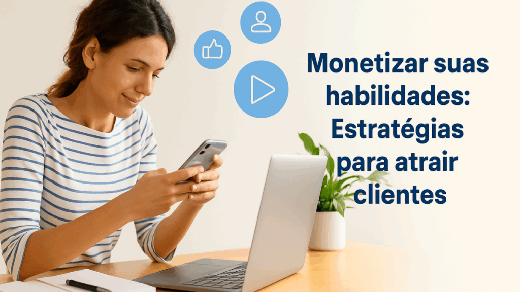 Mulher sorrindo enquanto usa o celular em uma mesa com notebook, bloco de anotações e planta, com ícones flutuantes de redes sociais e o texto “Monetizar suas habilidades: Estratégias para atrair clientes”.