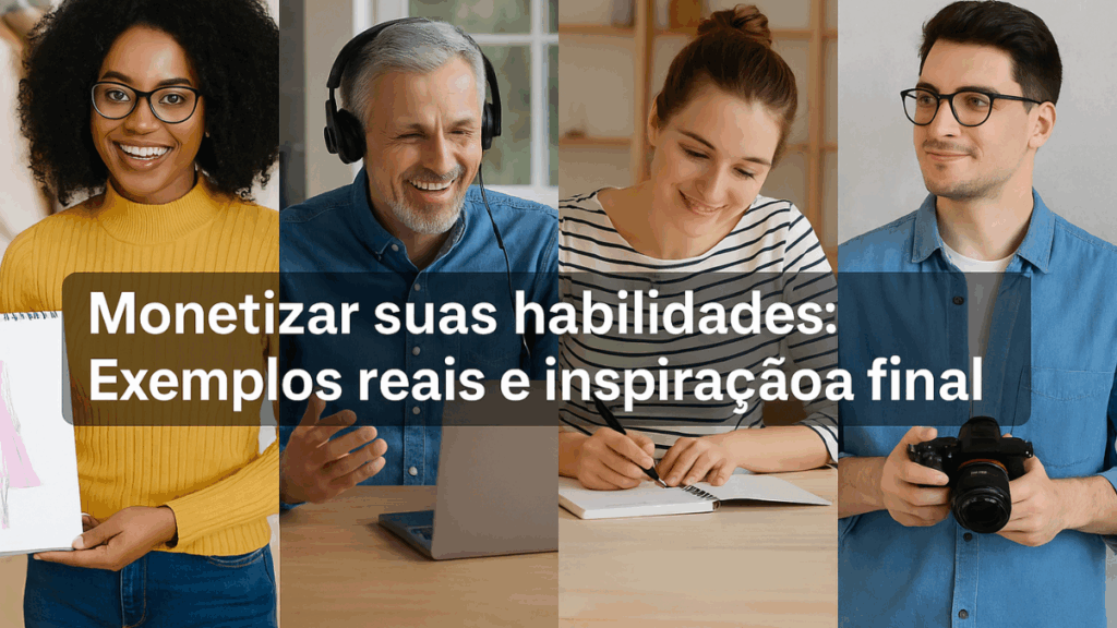 Colagem com quatro pessoas: uma ilustradora, um mentor em videochamada, uma jovem escrevendo e um fotógrafo, com a frase “Monetizar suas habilidades: Exemplos reais e inspiração final”.
