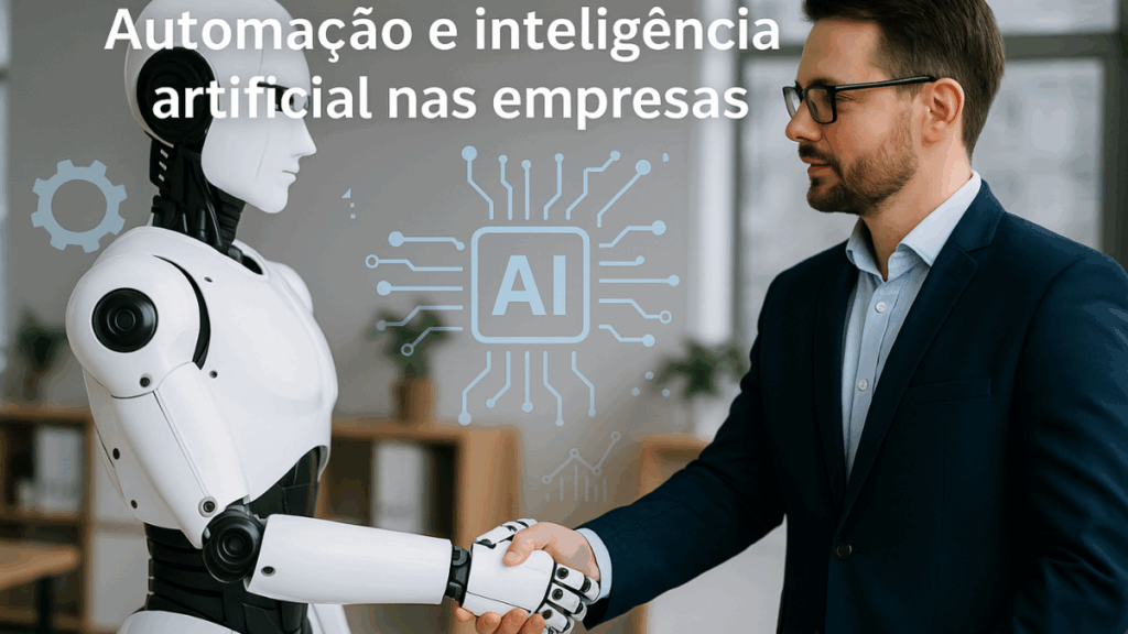 Homem e robô apertando as mãos com ícones de inteligência artificial no fundo, representando o futuro do trabalho com automação e IA.