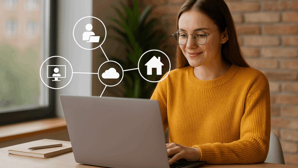 Mulher digitando em laptop com ícones de home office, nuvem e computador, ilustrando o futuro do trabalho com modelos híbridos e remotos.