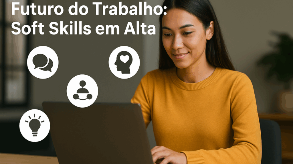 Mulher real digitando em laptop com ícones de soft skills e o texto “Futuro do Trabalho: Soft Skills em Alta”, destacando o papel das habilidades humanas.