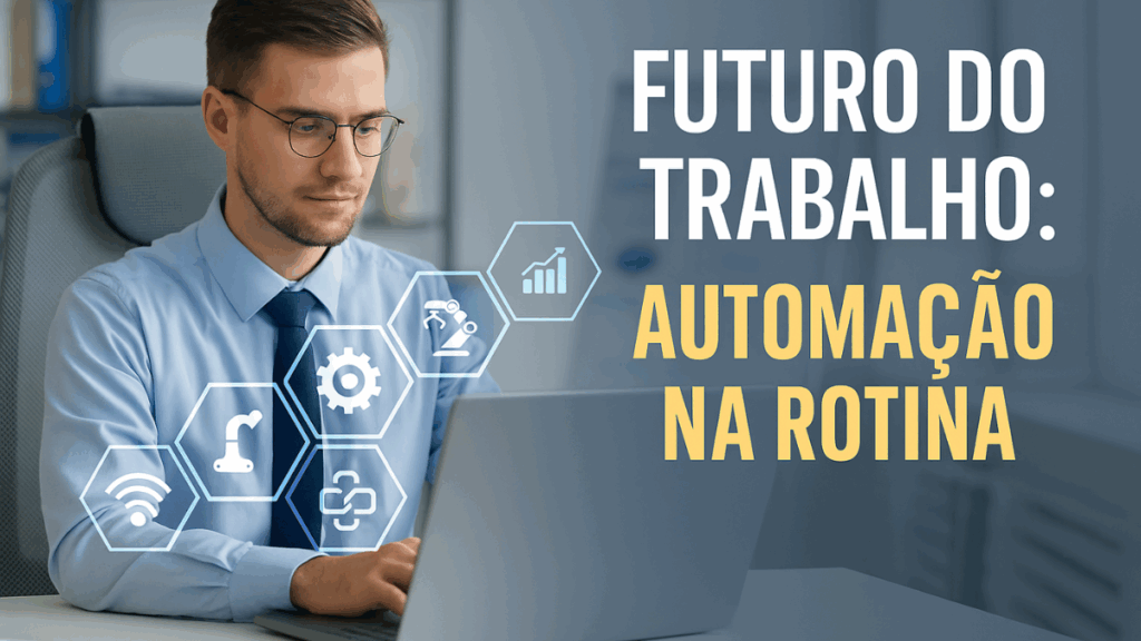 Homem real trabalhando em laptop com ícones de tecnologia e o texto “Futuro do Trabalho: Automação na Rotina”, representando a evolução digital.