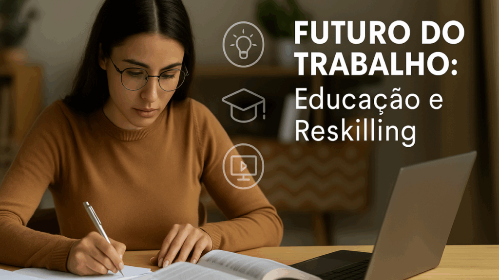 Mulher estudando com caderno e notebook com ícones de educação e o texto “Futuro do Trabalho: Educação e Reskilling”, destacando a importância da requalificação profissional.