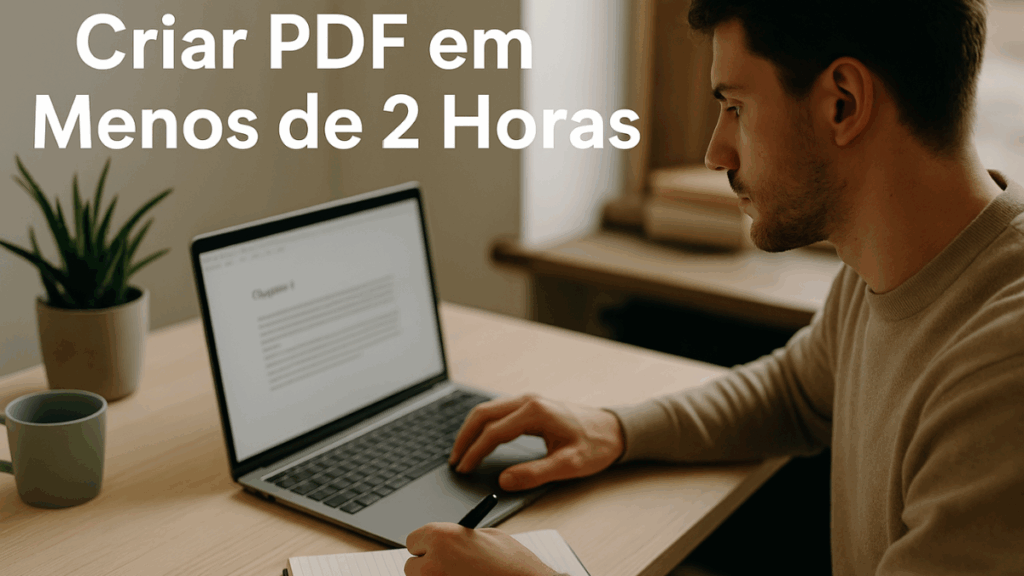 Homem digitando no notebook com um caderno aberto ao lado enquanto desenvolve um PDF