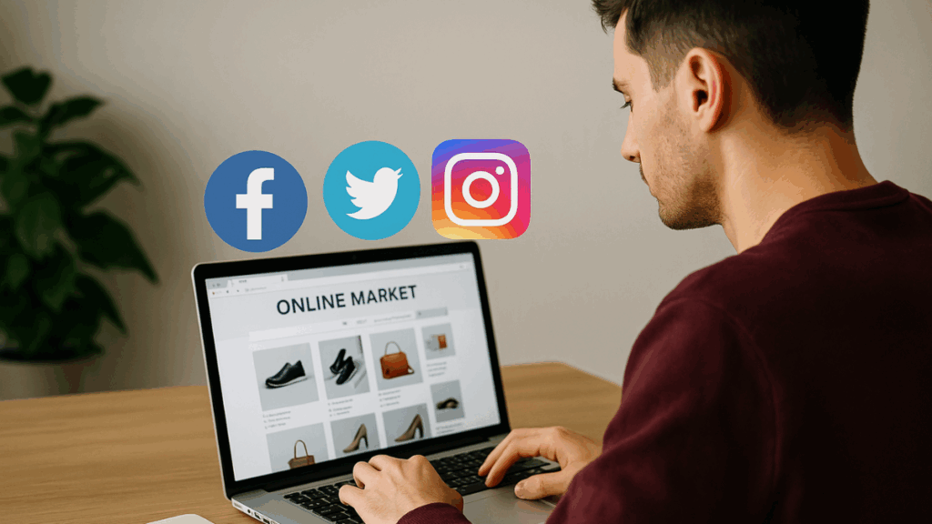 Homem utilizando notebook com ícones de redes sociais e loja online visível na