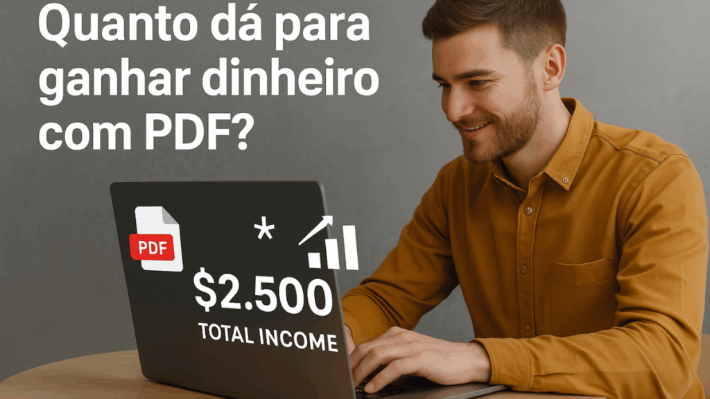 Homem sorridente analisando os lucros no notebook com destaque de $2.500 em tela
ganhar dinheiro com PDF