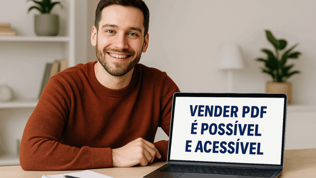 Homem sorridente ao lado de notebook com
mensagem “Vender PDF é possível e acessível” ganhar dinheiro com PDF
ganhar dinheiro com PDF