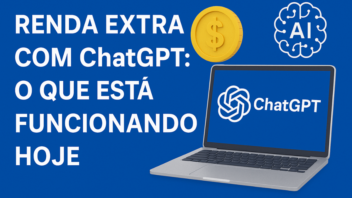Laptop com logotipo do ChatGPT, ícone de moeda e inteligência artificial sobre fundo azul com texto “Renda Extra com ChatGPT”.