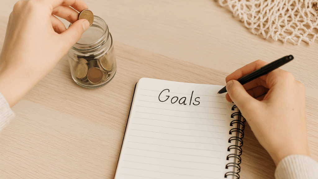 Pessoa colocando moeda em pote enquanto escreve "Goals" em caderno