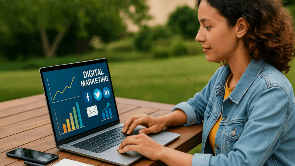 Mulher usando notebook com gráficos de marketing digital ao ar livre