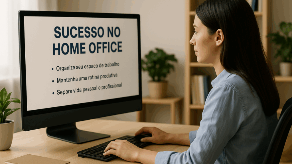 Uma mulher jovem trabalha em home office com foco e organização, sentada à sua mesa com notebook, plantas e livros ao redor, enquanto lê na tela orientações sobre como ter sucesso no trabalho remoto.