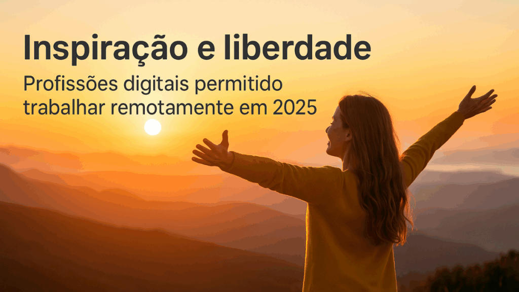 Mulher comemorando ao pôr do sol com os braços abertos, simbolizando as oportunidades e liberdade proporcionadas pelas profissões digitais em 2025.
