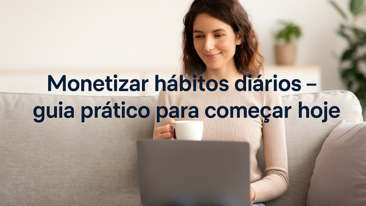 Mulher sorridente trabalhando com notebook no colo enquanto segura uma xícara, representando produtividade e conforto