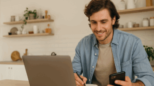 Homem jovem escrevendo em caderno enquanto usa notebook e celular em casa