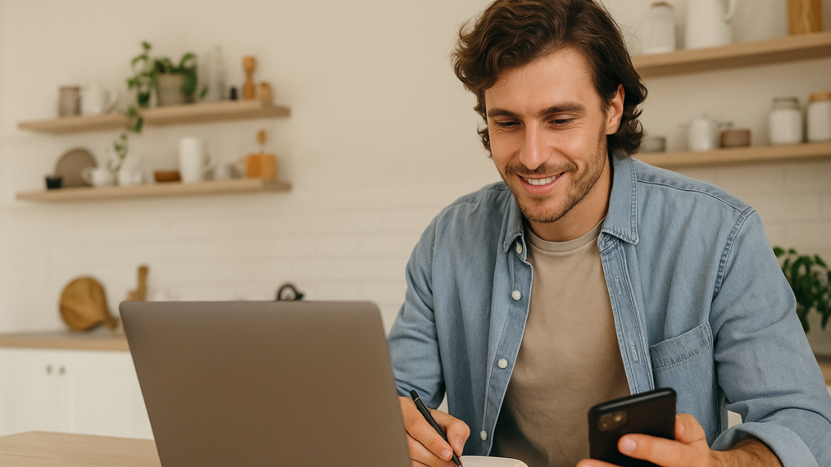 Homem jovem escrevendo em caderno enquanto usa notebook e celular em casa
