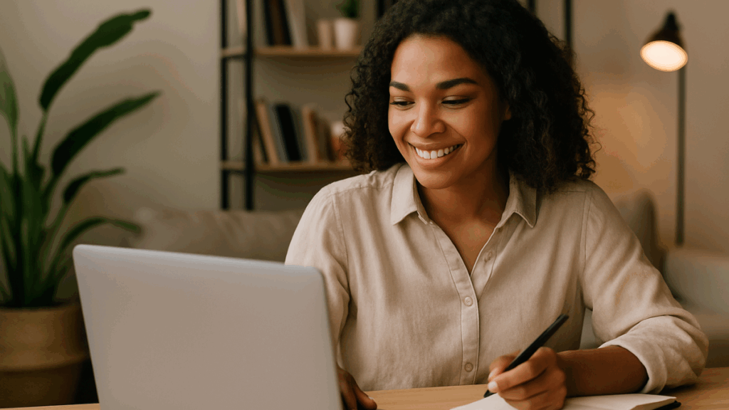 Mulher sorridente usando notebook e caderno em ambiente de trabalho confortável
