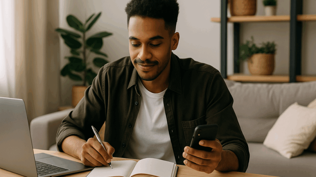 Homem jovem anotando ideias enquanto usa notebook e celular em casa
