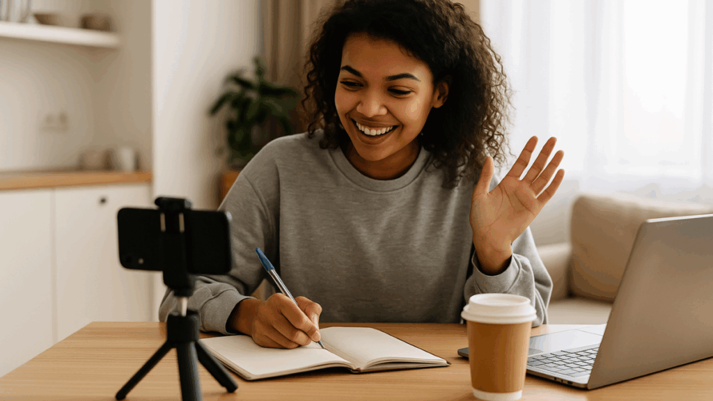 Mulher sorridente gravando vídeo com celular enquanto escreve em caderno e usa notebook

