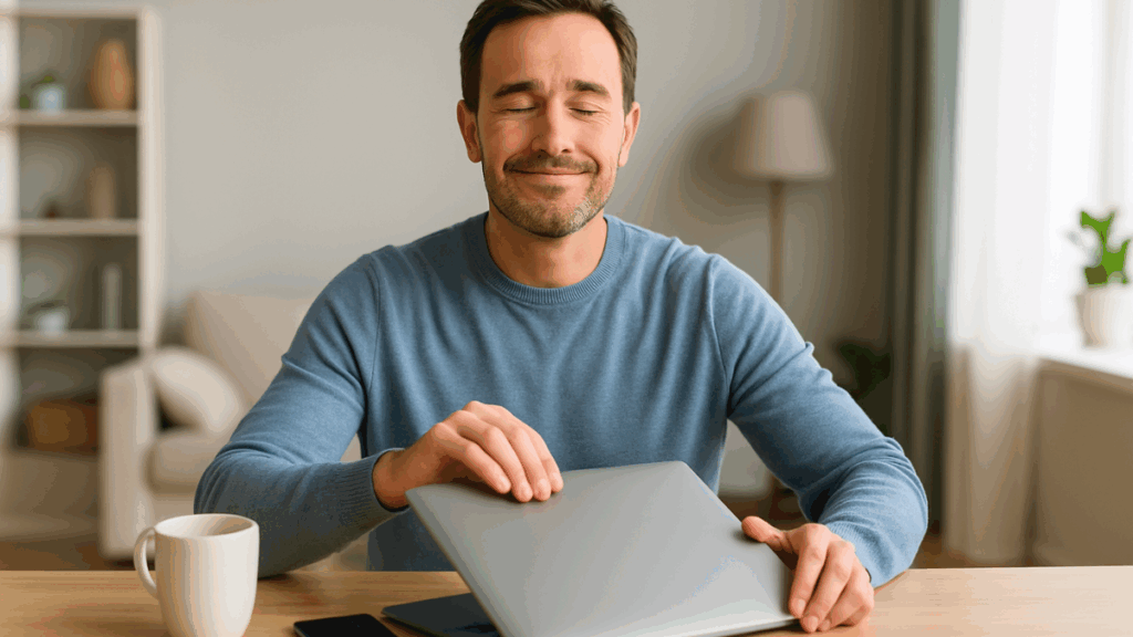 Homem fechando notebook com expressão de satisfação após concluir uma rotina produtiva
