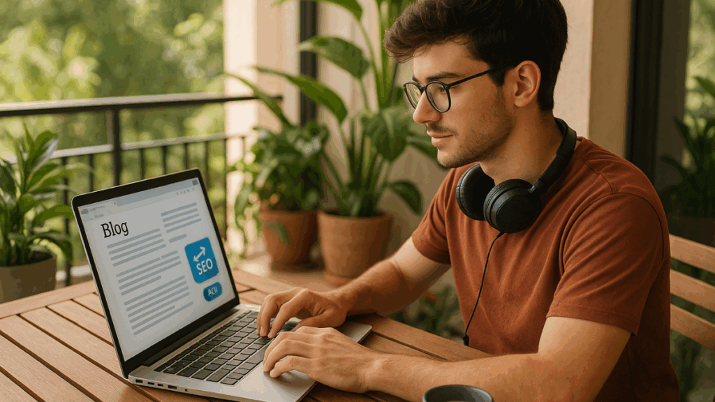 Homem digitando artigo de blog com foco em SEO em uma varanda tranquila