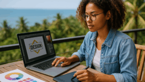 Mulher usando notebook e mesa digitalizadora em varanda com vista tropical